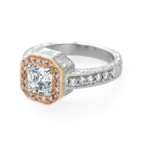 Custom Hand Engraved Pink Diamond Halo Engagement Ring-3