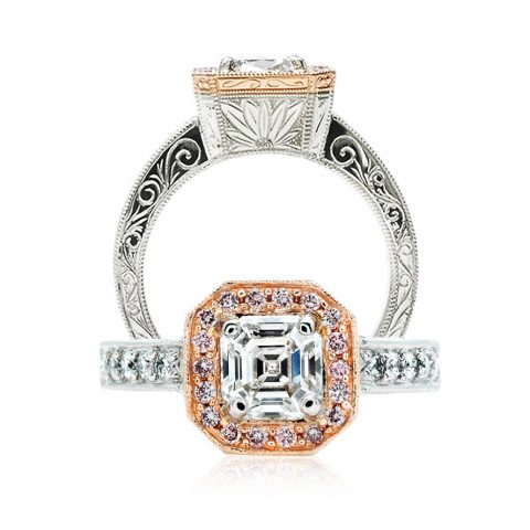 Custom Hand Engraved Pink Diamond Halo Engagement Ring