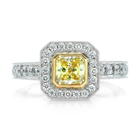 Yellow Diamond Platinum Hand Engraved Custom Engagement Ring